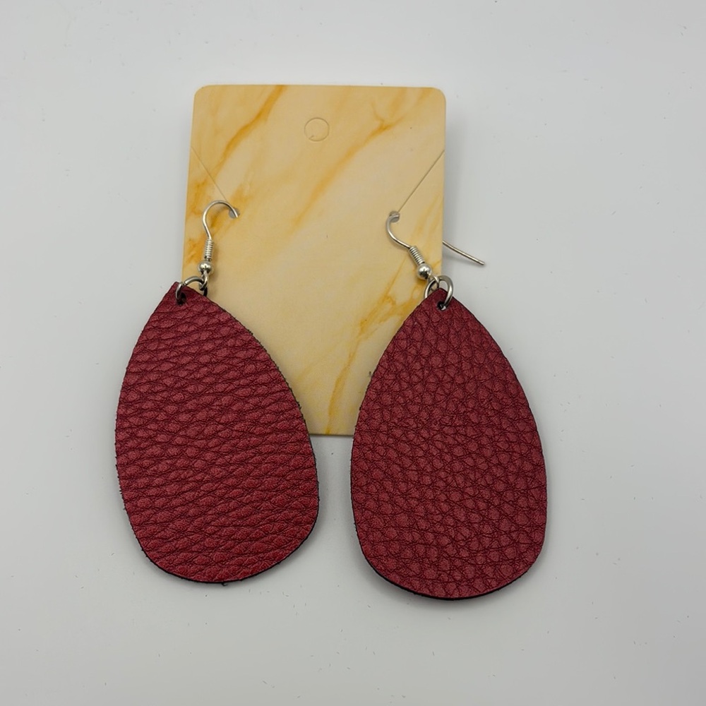 Burgundy Red Faux Leather & Silver Teardrop Lightweight Handmade 2.5" Earrings